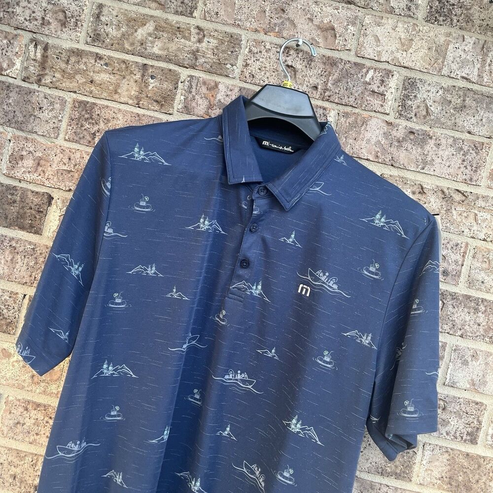 Travis Mathew Fun And Games Golf Polo Shirt Mens 2XL Blue Lake Boat Print SS